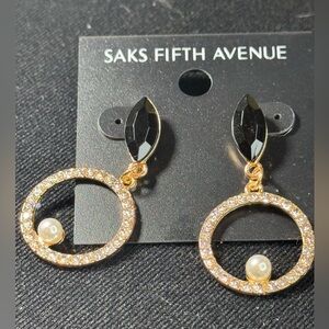 Saks Fifth Ave Black Marquis Crystal Post With Drop Pave Crystal w/ Faux Pearl